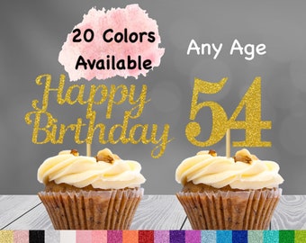 54th Birthday Cupcake Toppers | Number 54 Party Picks | 54th Party Supplies | Age 54 Toppers Party Decor Glitter Happy Birthday Decorations