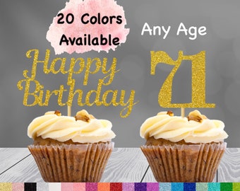71st Birthday Cupcake Toppers | Number 71 Party Picks | 71st Party Supplies | Age 71 Toppers Party Decor Glitter Happy Birthday Decorations