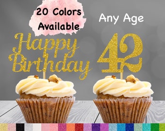 42nd Birthday Cupcake Toppers | Number 42 Party Picks | 42nd Party Supplies | Age 42 Toppers Party Decor Glitter Happy Birthday Decorations