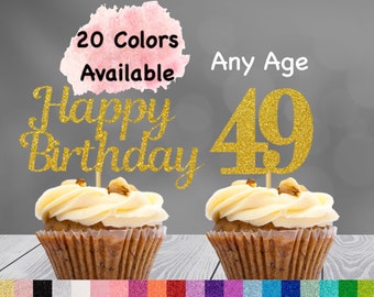 49th Birthday Cupcake Toppers | Number 49 Party Picks | 49th Party Supplies | Age 49 Toppers Party Decor Glitter Happy Birthday Decorations