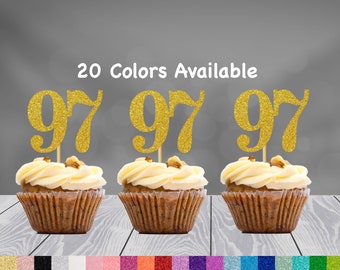 97th Birthday Cupcake Toppers | Glitter Number 97 Decorations | 97th Party Decor | Age 97 Milestone | Party Favors Birthday Party Supplies