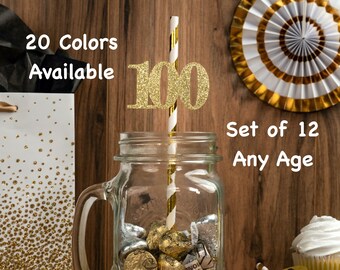 100th Birthday Party Straws with Number Any Age (SET OF 12) 100th Birthday Decoration Party Anniversary Tableware Decor Party Favor Supplies