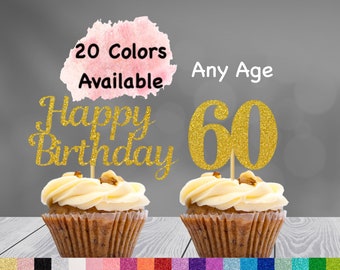 60th Birthday Cupcake Toppers | Number 60 Party Picks | 60th Party Supplies | Age 60 Toppers Party Decor Glitter Happy Birthday Decorations