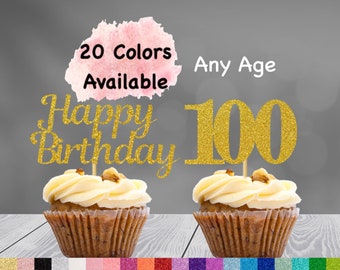 100th Birthday Cupcake Toppers | Number 100 Party Picks | 100th Party Supplies | Age Toppers Party Decor Glitter Happy Birthday Decorations