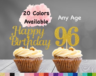 96th Birthday Cupcake Toppers | Number 96 Party Picks | 96th Party Supplies | Age 96 Toppers Party Decor Glitter Happy Birthday Decorations