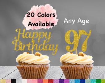97th Birthday Cupcake Toppers | Number 97 Party Picks | 97th Party Supplies | Age 97 Toppers Party Decor Glitter Happy Birthday Decorations