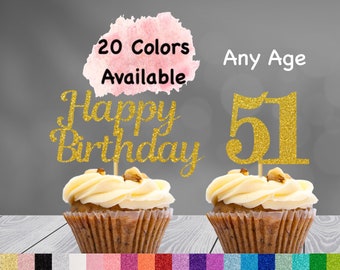 51st Birthday Cupcake Toppers | Number 51 Party Picks | 51st Party Supplies | Age 51 Toppers Party Decor Glitter Happy Birthday Decorations