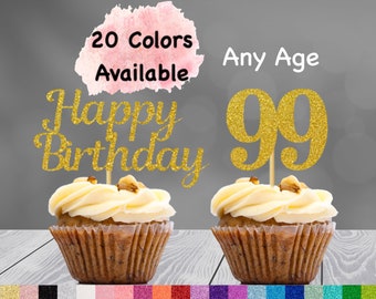 99th Birthday Cupcake Toppers | Number 99 Party Picks | 99th  Party Supplies | Age 99 Toppers Party Decor Glitter Happy Birthday Decorations