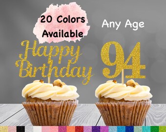 94th Birthday Cupcake Toppers | Number 94 Party Picks | 94th Party Supplies | Age 94 Toppers Party Decor Glitter Happy Birthday Decorations