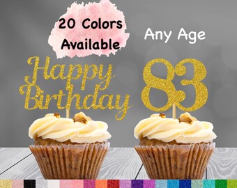 83rd Birthday Cupcake Toppers | Number 83 Party Picks | 83rd Party Supplies | Age 83 Toppers Party Decor Glitter Happy Birthday Decorations