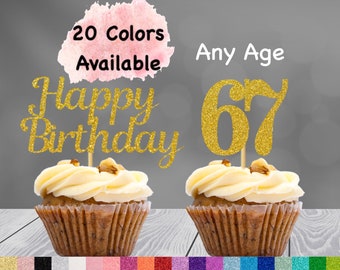 67th Birthday Cupcake Toppers | Number 67 Party Picks | 67th Party Supplies | Age 67 Toppers Party Decor Glitter Happy Birthday Decorations