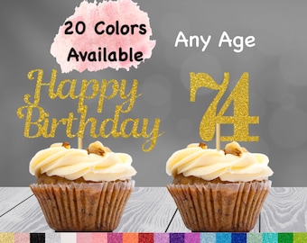 74th Birthday Cupcake Toppers | Number 74 Party Picks | 74th Party Supplies | Age 74 Toppers Party Decor Glitter Happy Birthday Decorations