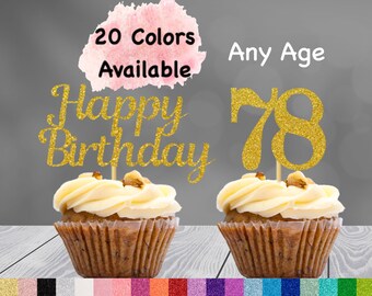 78th Birthday Cupcake Toppers | Number 78 Party Picks | 78th Party Supplies | Age 78 Toppers Party Decor Glitter Happy Birthday Decorations