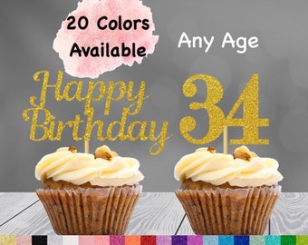 34th Birthday Cupcake Toppers | Number 34 Party Picks | 34th Party Supplies | Age 34 Toppers Party Decor Glitter Happy Birthday Decorations