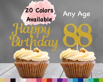 88th Birthday Cupcake Toppers | Number 88 Party Picks | 88th Party Supplies | Age 88 Toppers Party Decor Glitter Happy Birthday Decorations