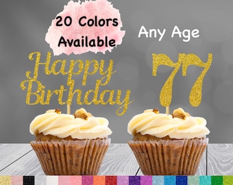 77th Birthday Cupcake Toppers | Number 77 Party Picks | 77th Party Supplies | Age 77 Toppers Party Decor Glitter Happy Birthday Decorations