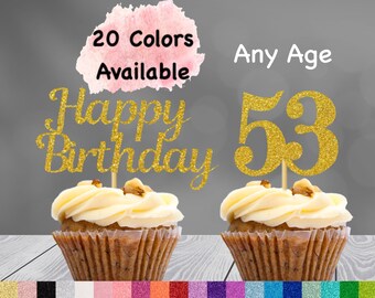 53rd Birthday Cupcake Toppers | Number 53 Party Picks | 53rd Party Supplies | Age 53 Toppers Party Decor Glitter Happy Birthday Decorations