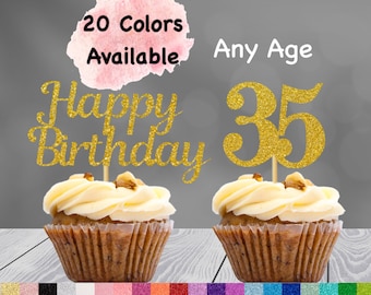35th Birthday Cupcake Toppers | Number 35 Party Picks | 35th Party Supplies | Age 35 Toppers Party Decor Glitter Happy Birthday Decorations