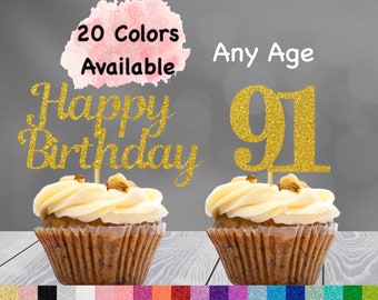 91st Birthday Cupcake Toppers | Number 91 Party Picks | 91 Party Supplies | Age 91 Toppers Party Decor Glitter Happy Birthday Decorations