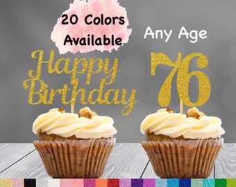 76th Birthday Cupcake Toppers | Number 76 Party Picks | 76th Party Supplies | Age 76 Toppers Party Decor Glitter Happy Birthday Decorations