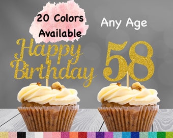 58th Birthday Cupcake Toppers | Number 58 Party Picks | 58th Party Supplies | Age 58 Toppers Party Decor Glitter Happy Birthday Decorations