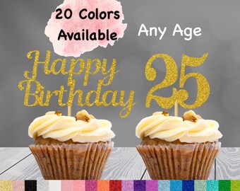 25th Birthday Cupcake Toppers | Number 25 Party Picks | 25th Party Supplies | Age 25 Toppers Party Decor Glitter Happy Birthday Decorations