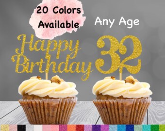 32nd Birthday Cupcake Toppers | Number 32 Party Picks | 32nd Party Supplies | Age 32 Toppers Party Decor Glitter Happy Birthday Decorations