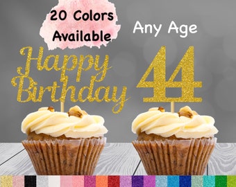 44th Birthday Cupcake Toppers | Number 44 Party Picks | 44th Party Supplies | Age 44 Toppers Party Decor Glitter Happy Birthday Decorations