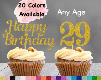 29th Birthday Cupcake Toppers | Number 29 Party Picks | 29th Party Supplies | Age 29 Toppers Party Decor Glitter Happy Birthday Decorations