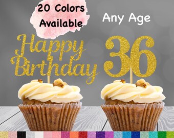 36th Birthday Cupcake Toppers | Number 36 Party Picks | 36th Party Supplies | Age 36 Toppers Party Decor Glitter Happy Birthday Decorations