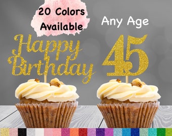 45th Birthday Cupcake Toppers | Number 45 Party Picks | 45th Party Supplies | Age 45 Toppers Party Decor Glitter Happy Birthday Decorations