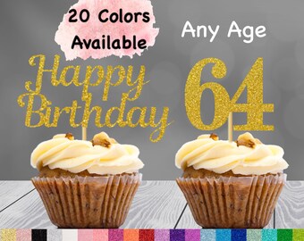 64th Birthday Cupcake Toppers | Number 64 Party Picks | 64th Party Supplies | Age 64 Toppers Party Decor Glitter Happy Birthday Decorations
