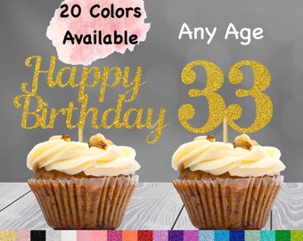 33rd Birthday Cupcake Toppers | Number 33 Party Picks | 33rd Party Supplies | Age 33 Toppers Party Decor Glitter Happy Birthday Decorations