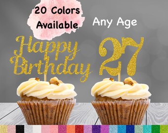 27th Birthday Cupcake Toppers | Number 27 Party Picks | 27th Party Supplies | Age 27 Toppers Party Decor Glitter Happy Birthday Decorations