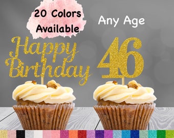 46th Birthday Cupcake Toppers | Number 46 Party Picks | 46th Party Supplies | Age 46 Toppers Party Decor Glitter Happy Birthday Decorations