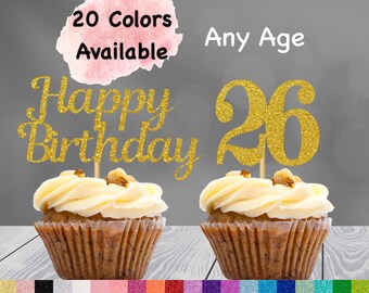 26th Birthday Cupcake Toppers | Number 26 Party Picks | 26th Party Supplies | Age 26 Toppers Party Decor Glitter Happy Birthday Decorations