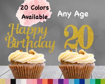 20th Birthday Cupcake Toppers | Number 20 Party Picks | 20th Party Supplies | Age 20 Toppers Party Decor Glitter Happy Birthday Decorations