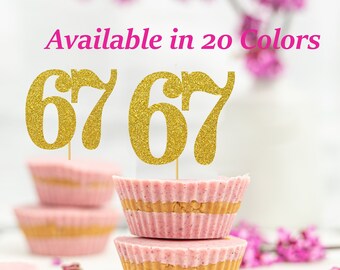 67th Birthday Cupcake Toppers | Glitter Number 67 Decorations | 67th Party Decor | Age 67 Milestone | Party Favors Birthday Party Supplies