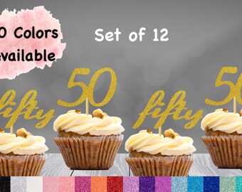 50th Birthday Cupcake toppers  (SET OF 12) fifty birthday cupcake toppers Glitter 50th Birthday Party Decorations number cupcake topper