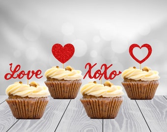 Love Cupcake Toppers XoXo Heart Toppers  SET of 12 Wedding Anniversary Engagement Bridal Shower Valentines Day Party Favors Decorations