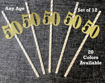 Any NUMBER 50th Birthday Party Straws with Number (SET OF 12) Adult Birthday Party Decorations  (Number available in 20 Colors