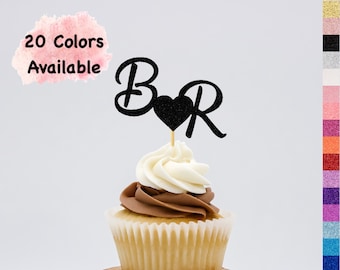 Personalized Initials Cupcake Toppers with Heart , Monogram Letter Cupcake Toppers For Wedding  Bridal Shower Bachelorette  Engagement party