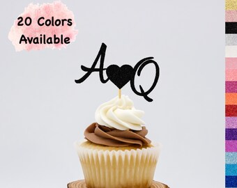 Personalized Initials Cupcake Toppers with Heart , Monogram Letter Cupcake Toppers For Wedding  Bridal Shower Bachelorette  Engagement party