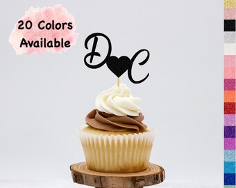 Personalized Initials Cupcake Toppers with Heart , Monogram Letter Cupcake Toppers For Wedding  Bridal Shower Bachelorette  Engagement party
