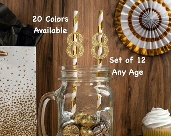 8th Birthday Straws with Number Any Age (SET OF 12) Birthday Decorations Party Anniversary Tableware Decor Party Supplies Eight Birthday