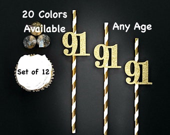 91st Birthday Party Straws with Number Any Age (SET OF 12) 91st Birthday Decoration Party Anniversary Tableware Decor Party Favors Supplies