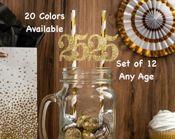 25th  Birthday Straws with Number Any Age (SET OF 12) 25th Birthday Decoration Party Anniversary Tableware Decor Party Favors Supplies