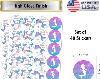 40pc Mermaid Birthday Thank You Stickers 2 Inch Big Round Glossy Labels Theme for Baby Shower, Birthday Great for Party Favors Games & Gifts