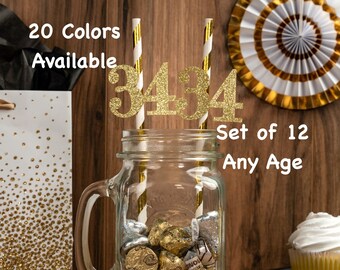 34th Birthday Straws with Number Any Age (SET OF 12) 34th Birthday Decorations Party Anniversary Tableware Decor Party Favors Supplies