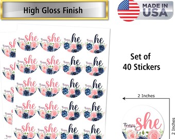 40pc Team She Team He Gender Reveal Stickers 2 Inch Big Round Glossy Labels Navy and Blush Theme  Stickers  Gender Sprinkle Party Favors